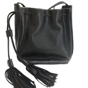 BOTKIER Snake Embossed Black Leather Tassel Drawstring Crossbody Bucket Bag